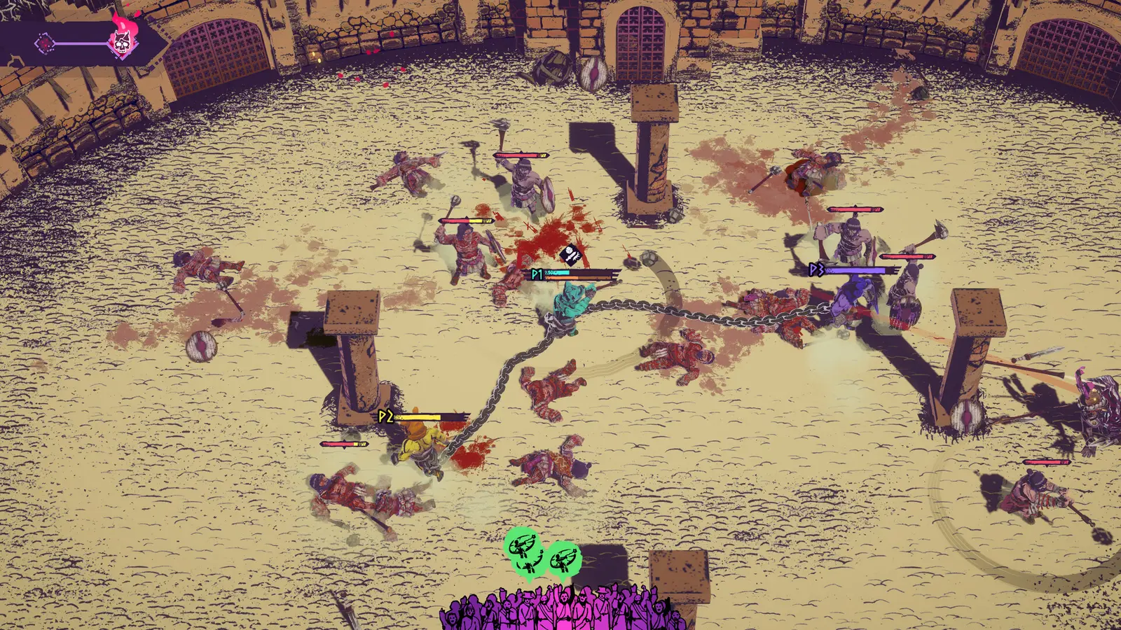 Chained Beasts gladiadores encadenados combatiendo en arena romana con enemigos alrededor