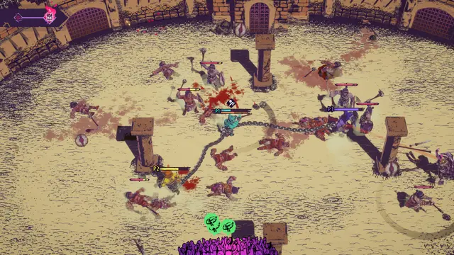 Chained Beasts gladiadores encadenados combatiendo en arena romana con enemigos alrededor