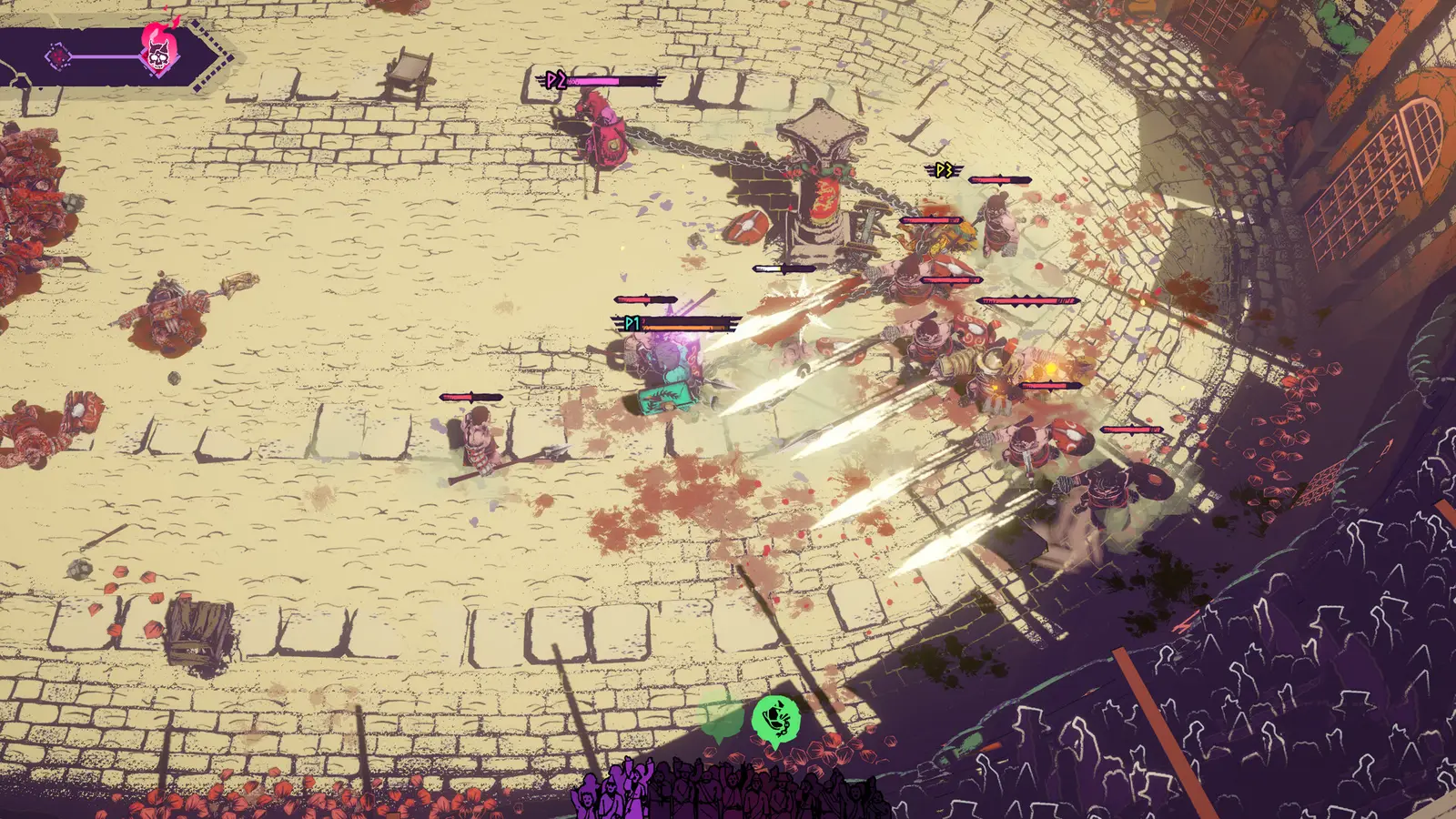 Chained Beasts gladiadores encadenados combatiendo en arena romana con enemigos alrededor