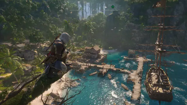 Edward Kenway al timón del Jackdaw durante una tormenta en Assassin's Creed Black Flag Resynced
