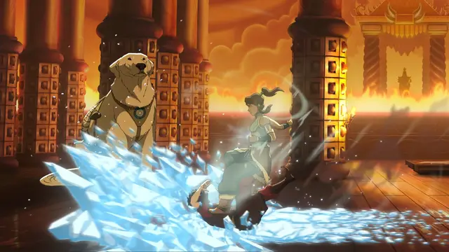 Avatar Legends: The Fighting Game — Aang y Korra enfrentados en combate 2D con efectos elementales de agua, tierra, fuego y aire