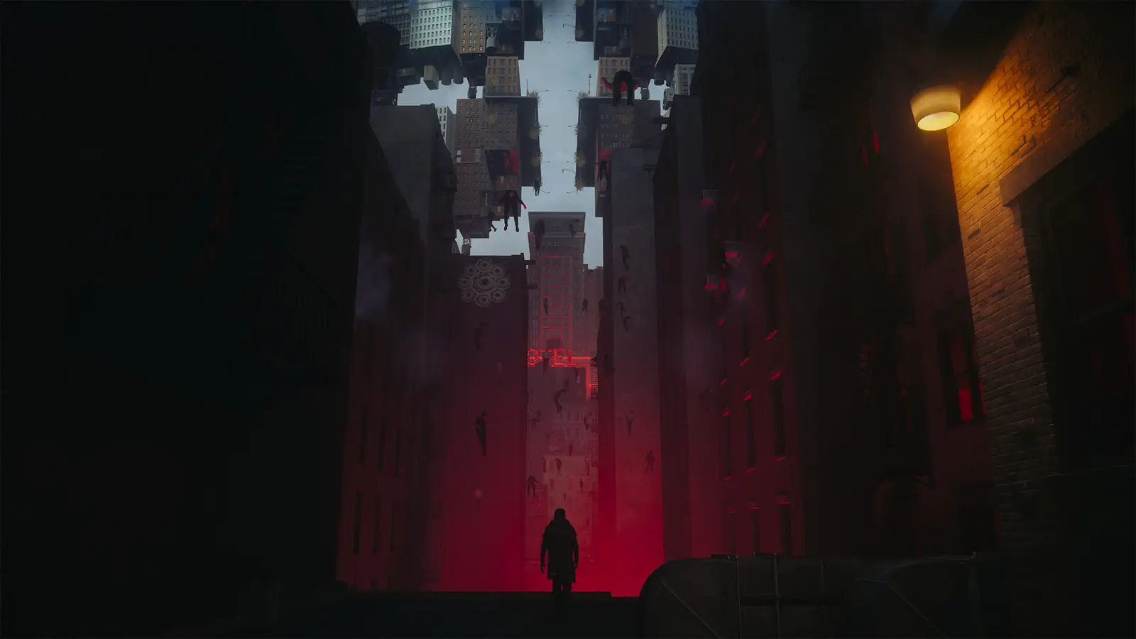Dylan Faden levitando sobre Manhattan destruido con poderes Aberrantes y Resonadores atacando desde edificios