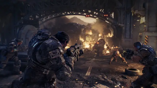 Marcus Fenix y Dom Santiago jovenes en Gears of War E-Day durante la primera invasion Locust en Unreal Engine 5