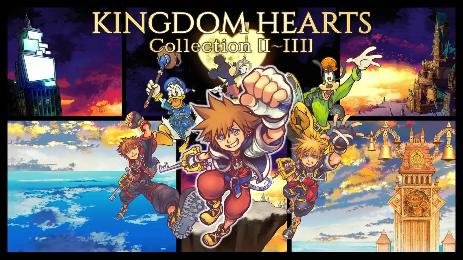 Sora y los personajes de Kingdom Hearts Collection I-III para Nintendo Switch 2 con la Keyblade Long Night exclusiva