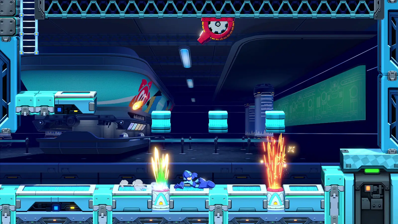 Mega Man y Proto Man enfrentando a Robot Masters en escenarios 2.5D con efectos de luz neon