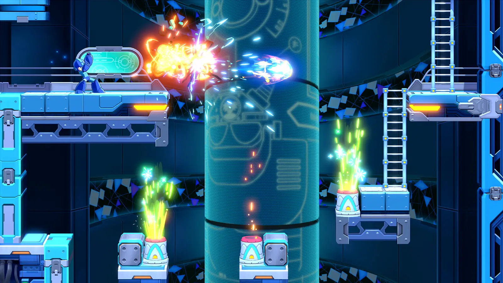 Mega Man y Proto Man enfrentando a Robot Masters en escenarios 2.5D con efectos de luz neon