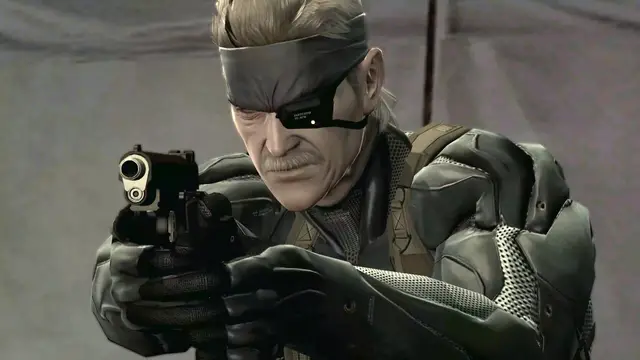 Captura de Metal Gear Solid 4 Guns of the Patriots en Nintendo Switch 2 mostrando a Old Snake en sigilo en un campo de batalla futurista
