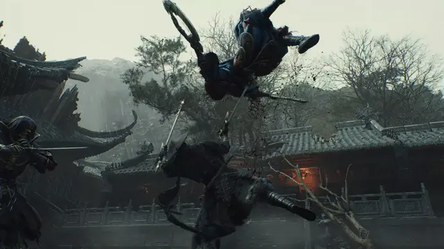Guerrero con espada en pose de combate en un mundo oscuro de estetica wuxia
