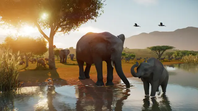 Tiburon de punta negra nadando en un acuario de vidrio en Planet Zoo 2 con visitantes mirando desde afuera