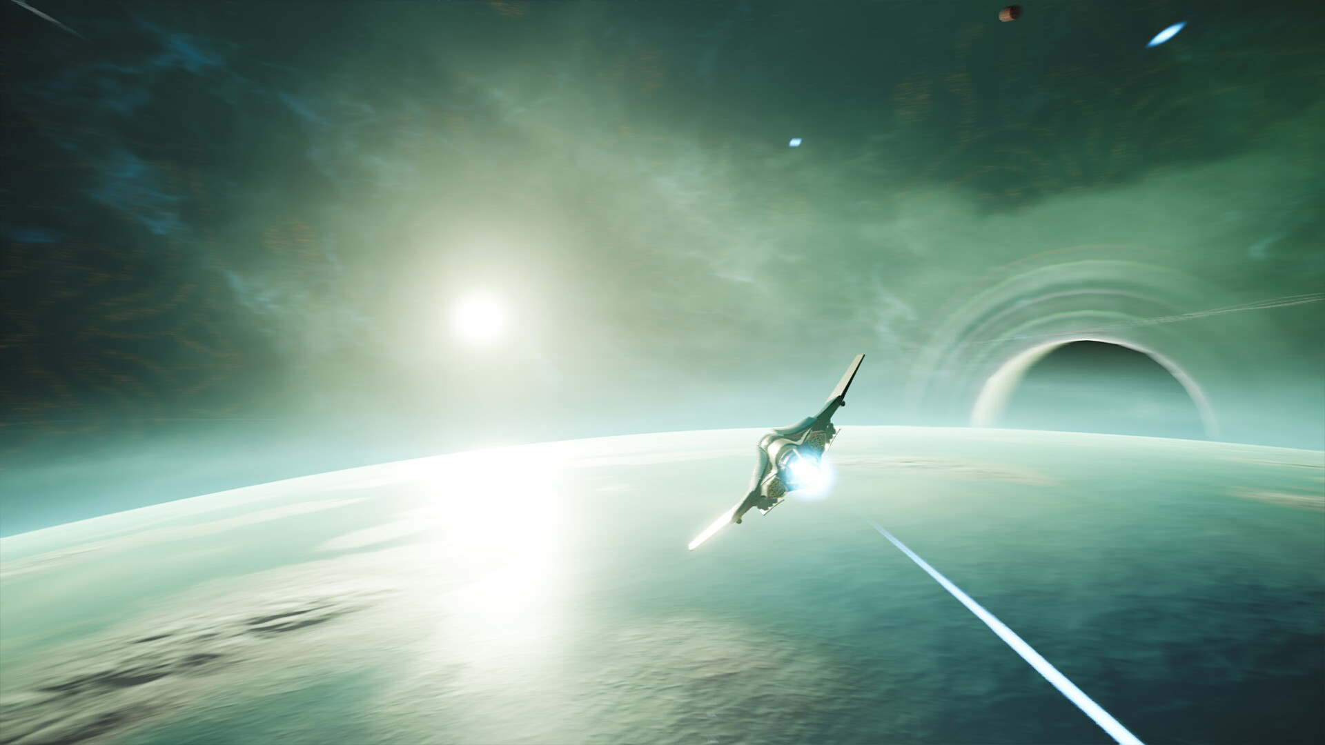 Caza estelar disparando contra un acorazado gigante en una batalla espacial de Rogue Eclipse