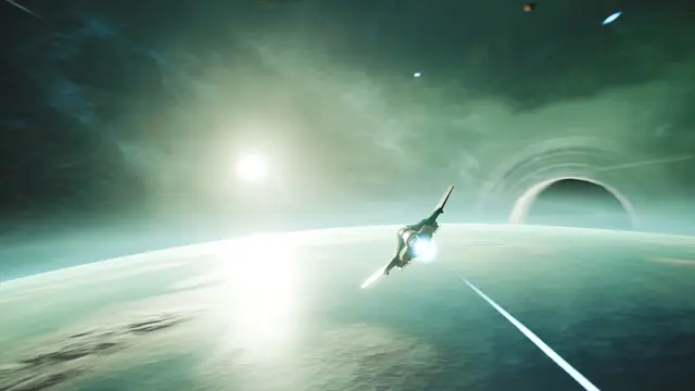 Caza estelar disparando contra un acorazado gigante en una batalla espacial de Rogue Eclipse