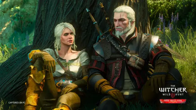 Geralt de Rivia empunando su espada de plata en un paisaje del mundo de The Witcher 3 con el logo de Songs of the Past