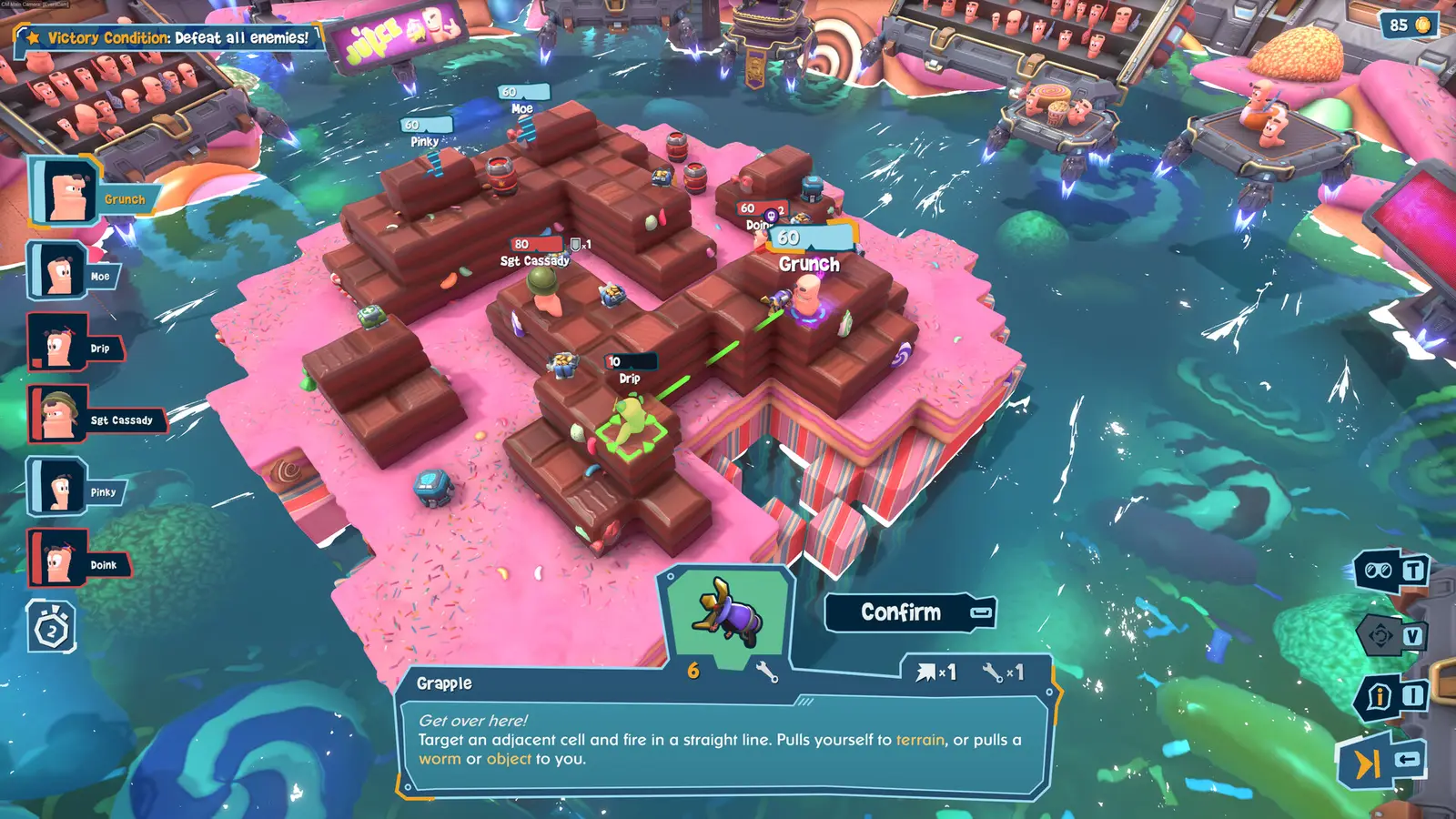 Worms Galactic Tactics gusanos en trajes espaciales disparandose en asteroides con naves de fondo